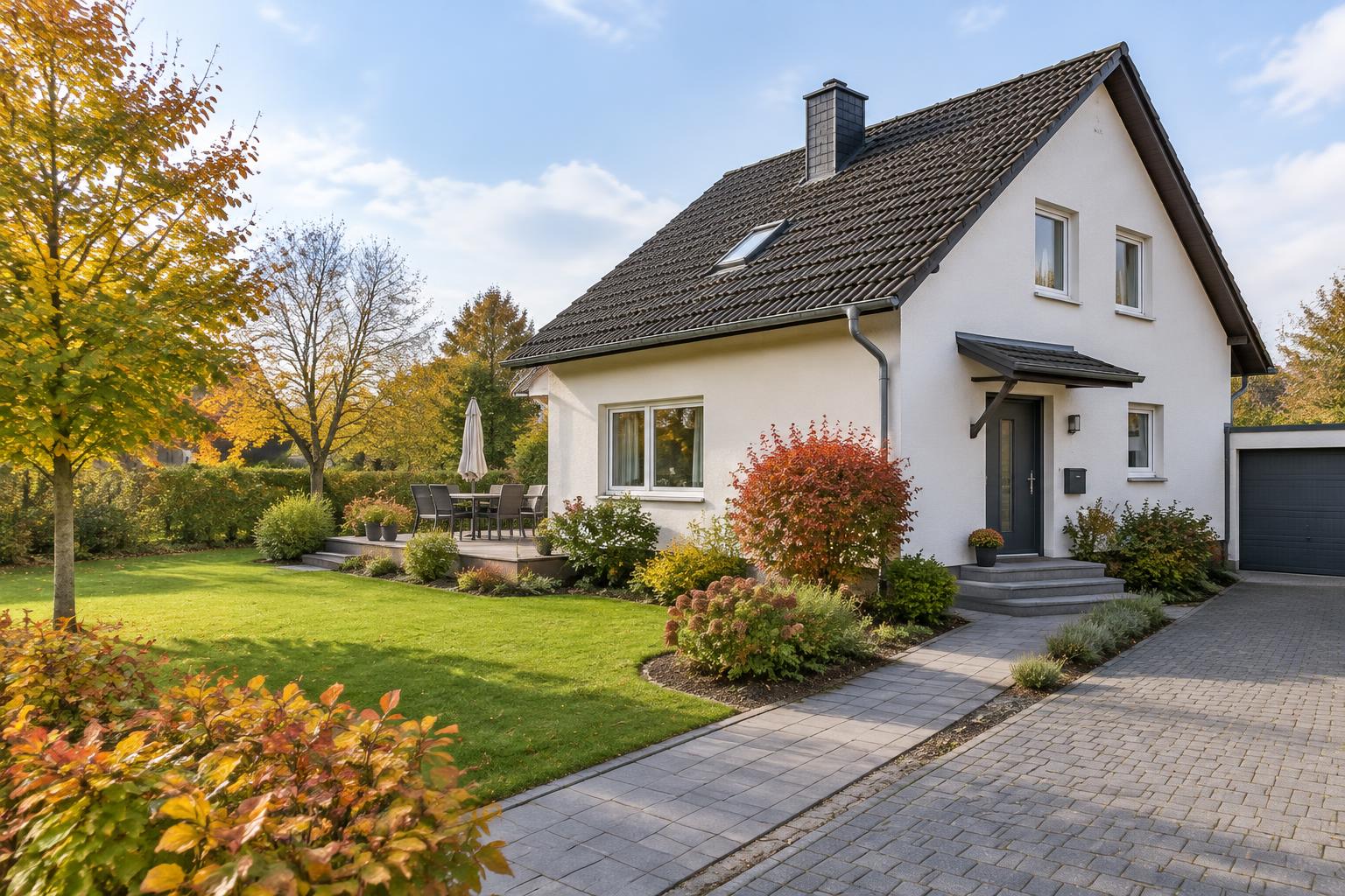 Illustratives Bild eines gepflegten Einfamilienhauses mit Garten, Eingangsweg und Einfahrt – kein JenWatch-Kundenauftrag