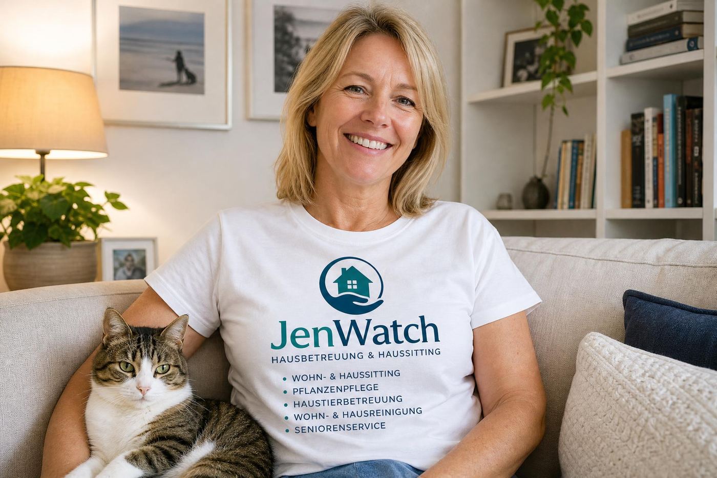 JenWatch Katzensitterin mit Logo-Shirt betreut eine Katze in einer Wohnung in Jena