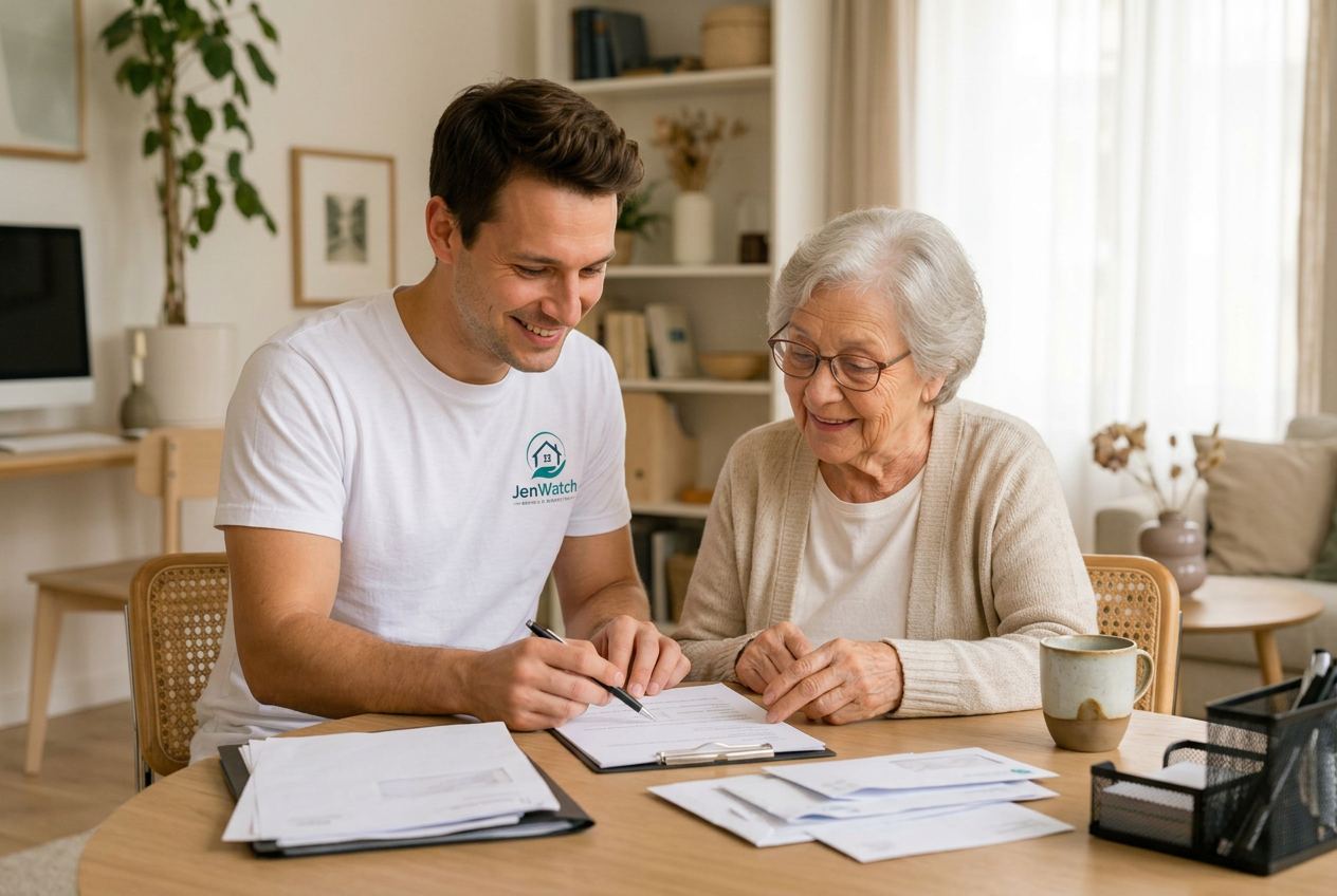 JenWatch Alltagsbegleiter im JenWatch T-Shirt hilft einer Seniorin bei Post und Formularen
