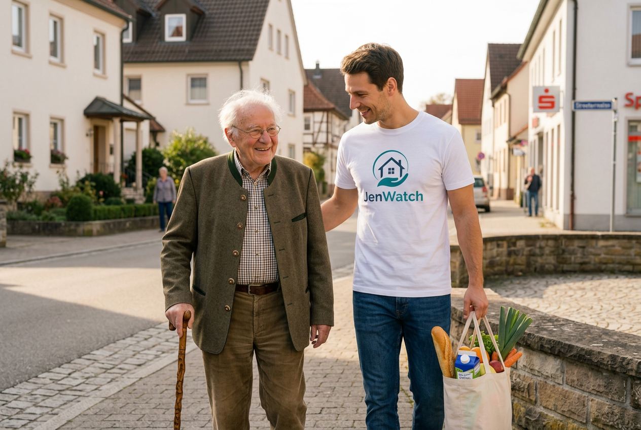 JenWatch Alltagsbegleiter im JenWatch T-Shirt begleitet einen Senior beim Einkauf in Jena