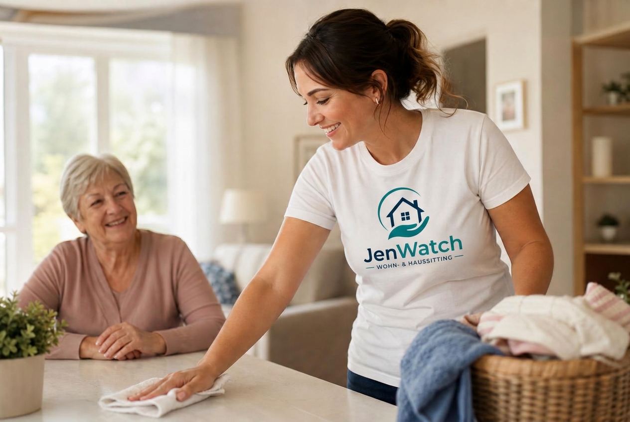 JenWatch Alltagsbegleiterin im JenWatch T-Shirt hilft einer Seniorin im Haushalt in Jena