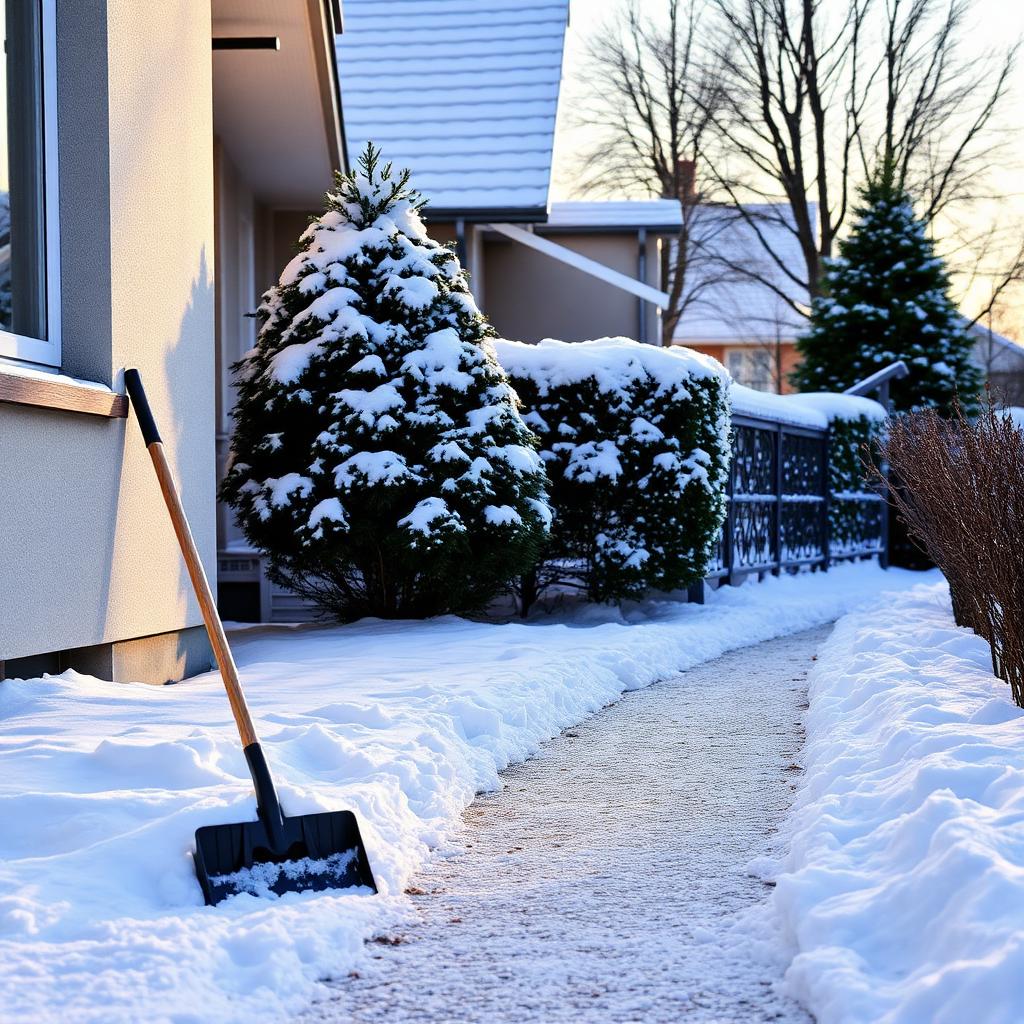 Winterdienst Jena – geräumter Gehweg vor einem Wohnhaus in Jena mit Schneeschieber und Streugut